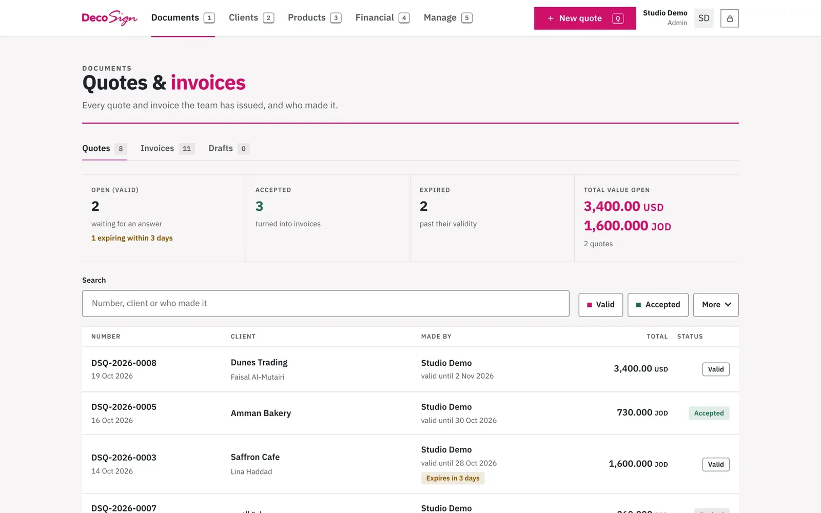 Quotes and invoices, numbered and tracked